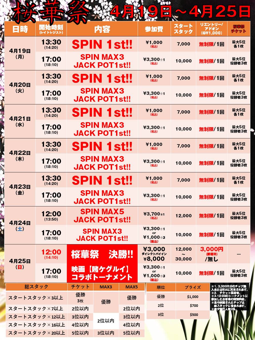 4月第4週トーナメントスケジュール 桜華祭 21年4月19日 4月25日 カジノカフェなんばマルイ