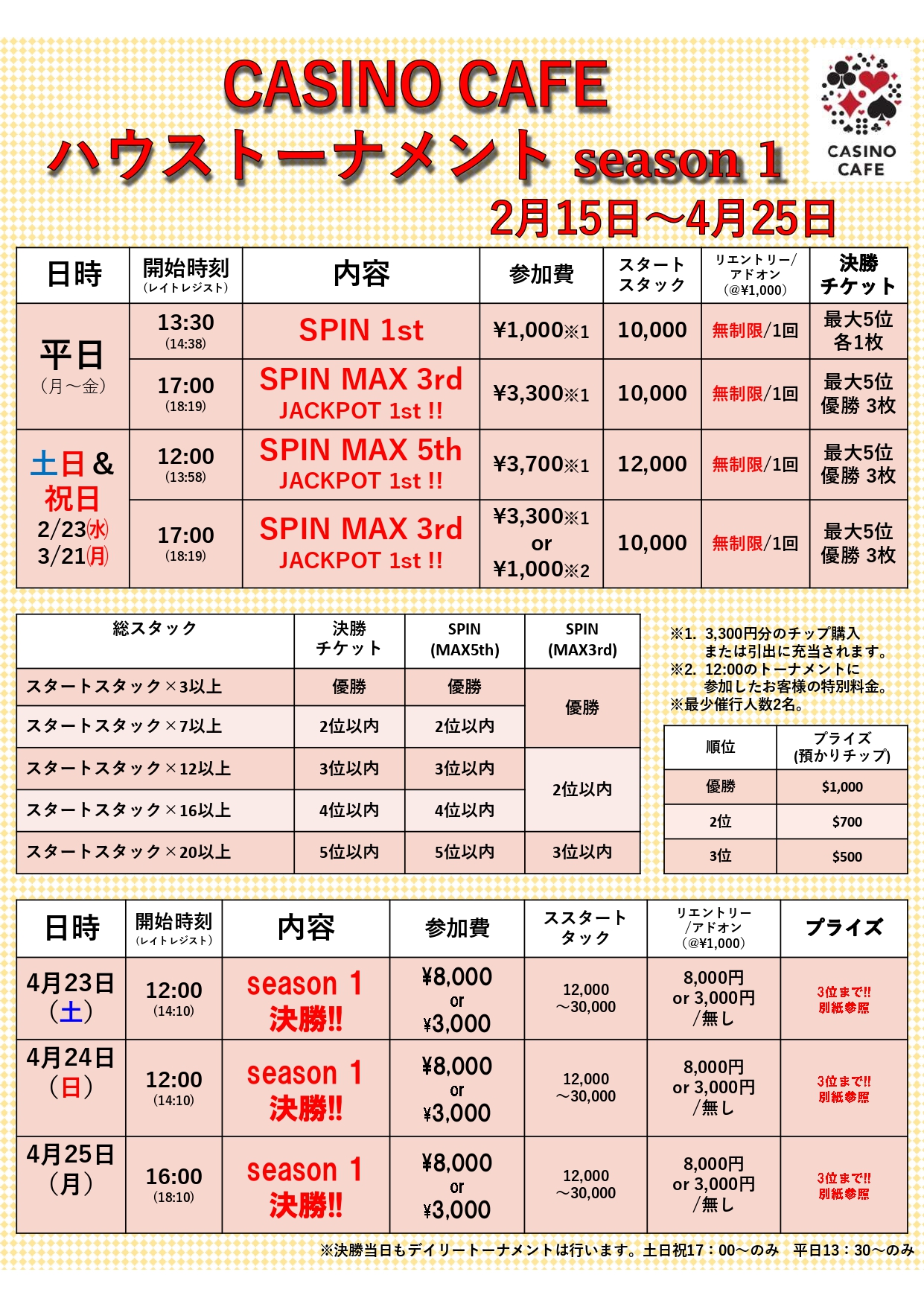 【2月～4月ポーカートーナメントスケジュール】CASINO CAFE ハウストーナメント season 1 !! カジノカフェなんばマルイ